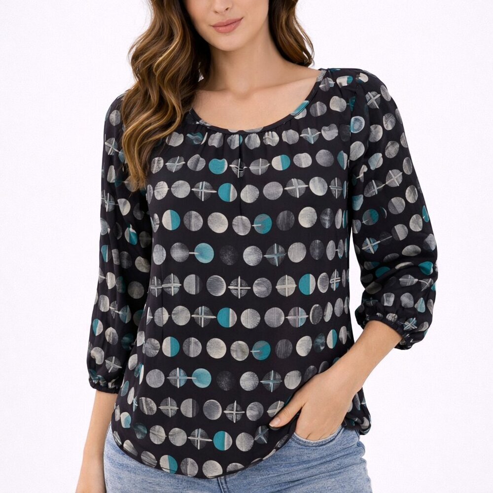 Anthro HD in Paris Silk Moon Phase Blouse XS Blue 3/4 Sleeve Cutout Back